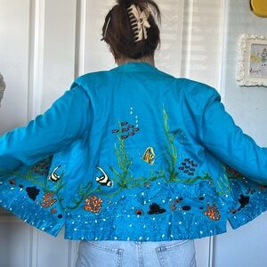 Vtg 80s Under the Sea SEQUIN aqua blue lined beaded FISH jacket S